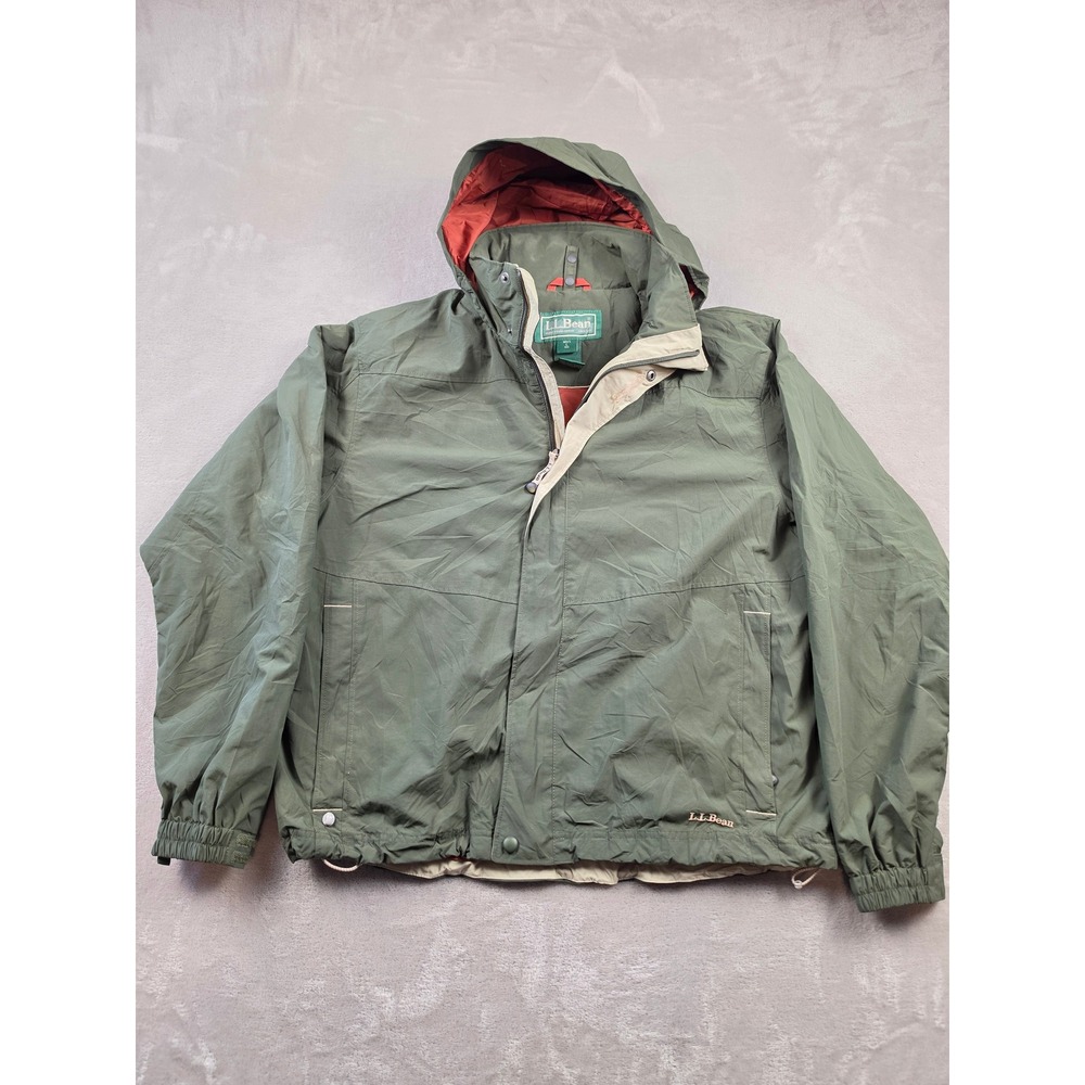 LL Bean Rain Jacket Mens L Green Hooded Full Zip Nylon Outdoor Windbreaker Shell